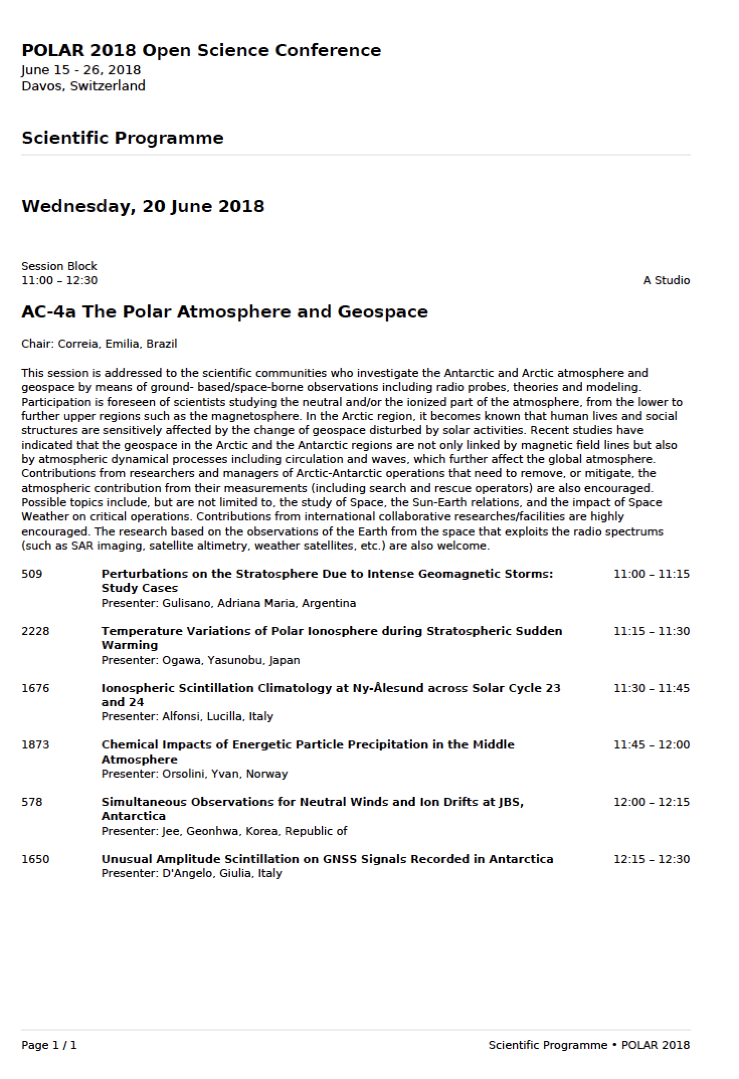 List of presentations at the GRAPE scientific session AC-4a